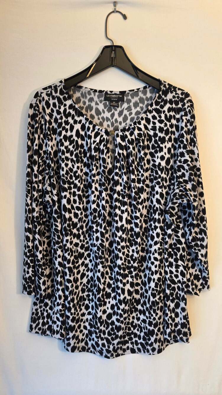 Liz Claiborne Plus Women Crema Animal Keyhole 3/4 Sleeves Tunic 2X
